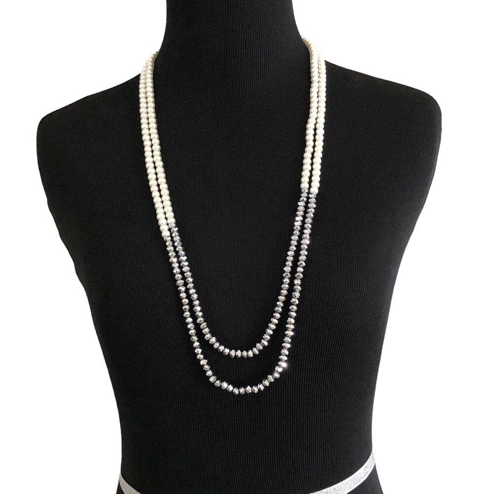 Cato Pearl and Silver Color beaded double layer Long Necklace - Picture 6 of 7